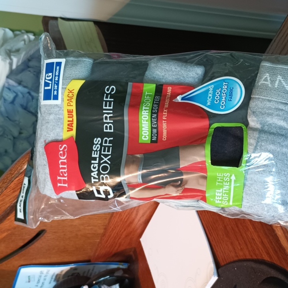 Hanes 5 tag less boxer briefs.
